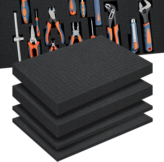 Pick and Pluck Foam 4-Pack (2P 16x12x2"+2P 16x12x0.4"). Tool Box Foam Organizer, High-Density Customizable Foam Inserts