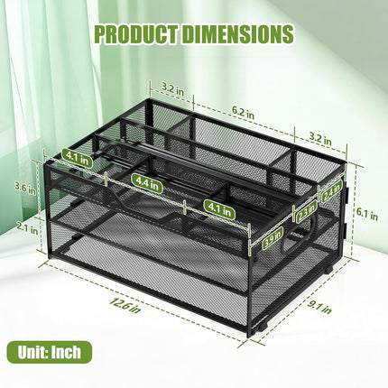 3-Tier Letter Paper Tray Desk Organizer, Black Desktop File Rack Holder with 3 Drop in Pencil Holder and Sliding Tray for Office Classroom and Home Supplies Organization Storage
