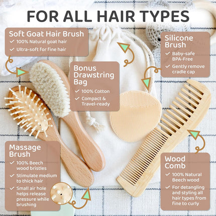 Wooden Baby Hair Brush Grooming Kit with Beech Wood Goat Hair Brush, Cradle Cap Brush, Silicone Scalp Massager, Ultra Soft Bristle Brush | Gender Neutral Newborn Hairbrush Set for Boy or Girl