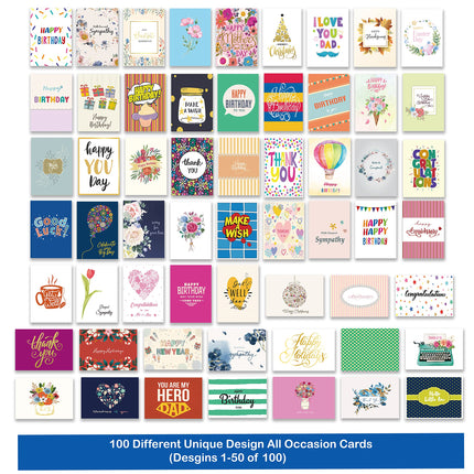 100 All Occasion Cards Assortment Box with Color Envelopes，All Occasion Cards Set with Greeting Inside, Large 5 x 7 inch Cards with Stickers and Dividers
