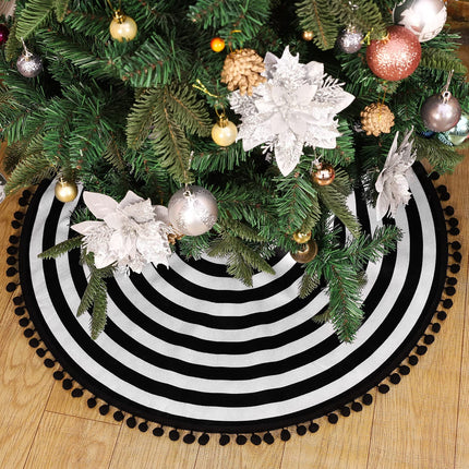30 Inch Black and White Christmas Tree Skirt with Pom Poms