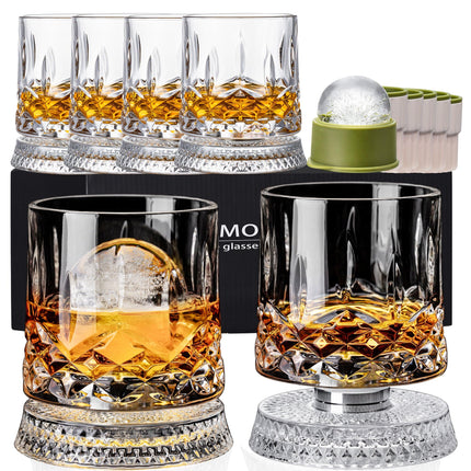 Spinning Whiskey Glasses Set of 4, 9.5 oz Smooth Rotating Bases, Gift Box