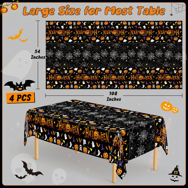 4 Pack Halloween Tablecloth 54 x 108 Inch Pumpkin Spider Web Table Cover