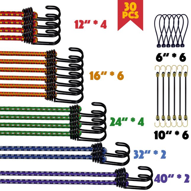 30PCS Bungee Cords with Hooks Set, 8mm, 12", 18", 24", 32", 40"