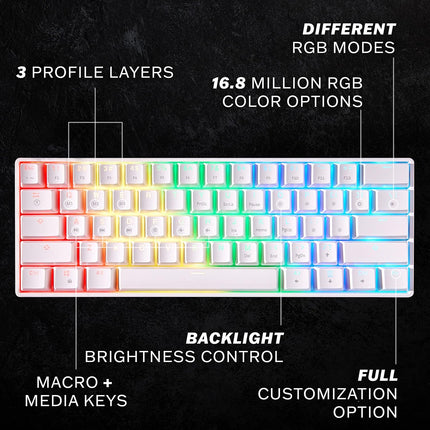 HK GAMING GK61 Mechanical Gaming Keyboard - 61 Keys Multi Color RGB Illuminated LED Backlit Wired Programmable for PC/Mac Gamer (Gateron Optical Black, White)
