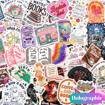 300 PCS Book Stickers for Kindle, Bookish Sticker Pack Reading Glitter Waterproof Vinyl Decals for Laptop, Ebook Readers, Water Bottles, Phone, Journal, Scrapbook, No Repeats (Holographic)