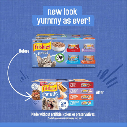Purina Friskies Gravy Wet Cat Food Variety Pack, Savory Shreds With Beef, Turkey and Cheese Dinner, Chicken and Salmon Dinner, With Ocean Whitefish and Tuna - (Pack of 32) 5.5 oz. Cans