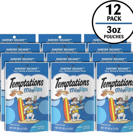 Temptations Cat Treats MixUps Surfer's Delight, Tuna, Shrimp, Salmon Flavor, Crunchy and Soft Cat Treats, 3 oz. Pouch (Pack of 12)