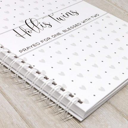 Personalized Twin Pregnancy Journal - Hardcover Pregnancy Memory Book Customized with Babies’ Names, Nicknames or Phrase - Prompted Journal for New Moms (Gray Hearts)