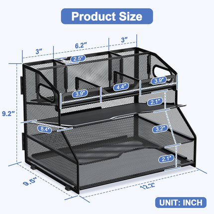 4 Tier Desk Orgnizers and Accessories, Metal Magazine File Holder with Pencil Holder and Handles, Space Saving Desktop Storage for School Office Supplies(Black)
