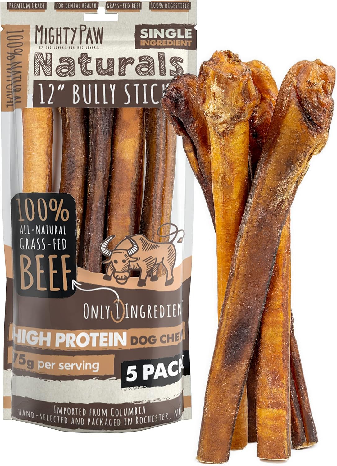 Bully Sticks - All-Natural Protein-Rich Dog Chews from Grass-Fed Beef. Single-Ingredient Pet Treat for Dental Health.