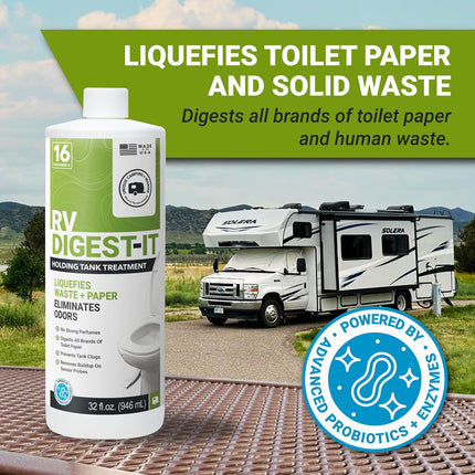 Unique RV Digest-It RV Toilet Treatment - Eliminates Odors at the Source and Liquifies Waste - 16 Uses Per Bottle (32 oz) Amazon Exclusive Packaging