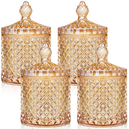 4 Pcs Crystal Glass Candy Jar Set with Lids Home Decorative Storage Jars for Apothecary, Bathroom, Kitchen, and Pantry, Ideal for Cotton Swabs and Jewelry (Medium,Green)