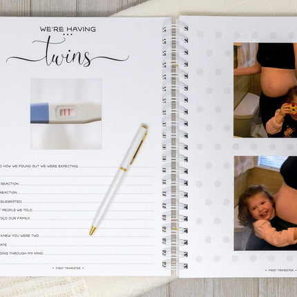 Personalized Twin Pregnancy Journal - Hardcover Pregnancy Memory Book Customized with Babies’ Names, Nicknames or Phrase - Prompted Journal for New Moms (Gray Hearts)
