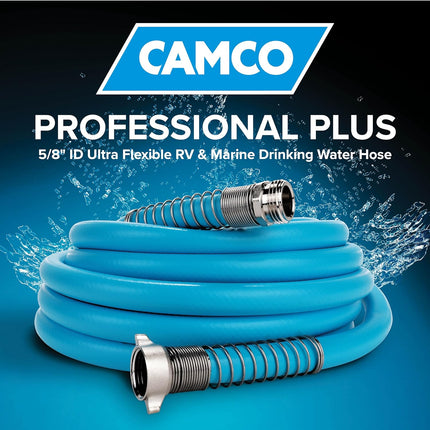 Camco EVOFlex 25-Ft RV Drinking Water Hose - Features Extra Flexible Design w/Stainless Steel Strain Relief Ends - Lead-Free, BPA-Free and Phthalate-Free - 5/8” Inside Diameter (22591)