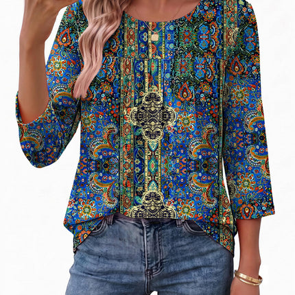 Womens 3/4 Length Sleeve Tops Boho Blouses Casual Pleated Shirts