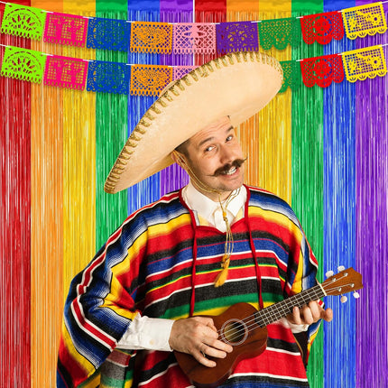 Cinco de Mayo Decorations Fiesta Party Decorations Foil Fringe Curtains Backdrop Fiesta Banner for Mexican Decor Wedding Engagement Rainbow Party Supplies