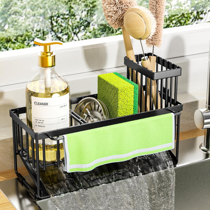 Sink Caddy Sponge Holder for Kitchen with Brush Holder and Stainless Steel Self Drain Tray, Rustproof Kitchen Sink Organizer for Sponge, Soap Dispenser Storage Accessories