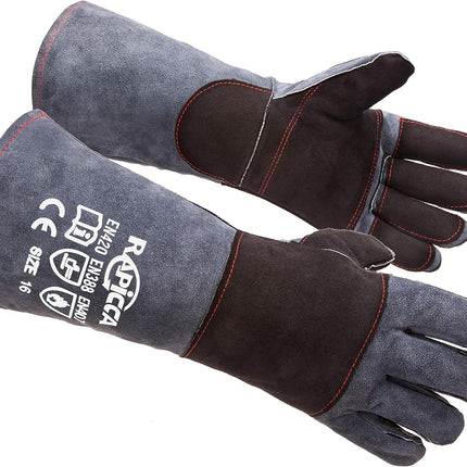 RAPICCA Animal Handling Gloves Bite Proof Double Leather Reinforced Padding Dog,Cat Scratch,Bird Handling Falconry Gloves Grabbing Reptile Squirrel Snake Bite 16in Grey-Black