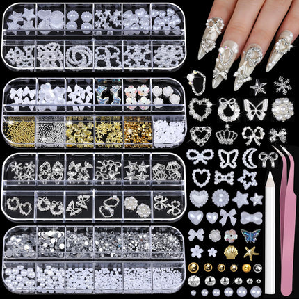 Gold Nail Charms and Gems Set, 4 Boxes Nail Gems Nail Pearls Nail Art Tools, 3D Cross Nail Charms Heart Nail Rhinestones for Nails Supplies, Charms for Nails Design Nail Art Kit