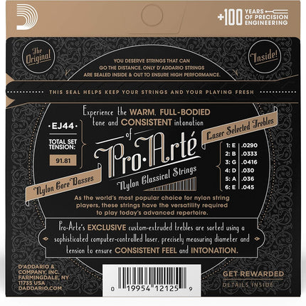 D'Addario Pro Arté Nylon Classical Guitar Strings, EJ44, Extra Hard Tension, 6-String Set, Pack of 1