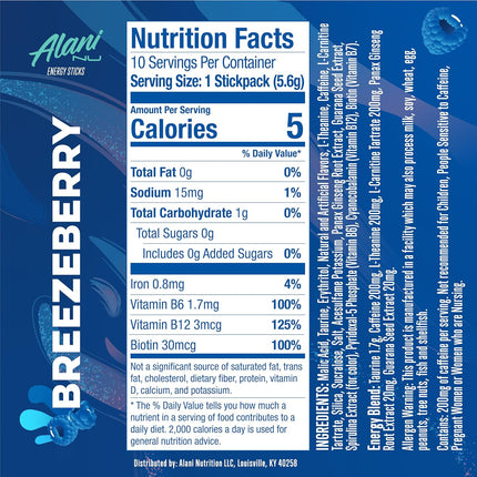 Alani Nu BREEZEBERRY, Energy Sticks Drink Powder, 200mg Caffeine, Pre Workout Performance with Antioxidants, On-The-Go Drink Mix, Biotin, B Vitamins, Zero Sugar, 5 Calories, 10 Pack