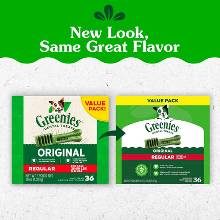 Greenies Veterinarian-Recommended Adult Natural Dental Dog Treats Regular Size, Dog Dental Chews, Original Flavor, 36 oz. Pack, 36 Count