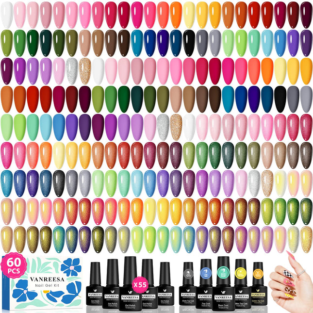 60 Pcs Gel Nail Polish Set, 55 Colors Gel Polish with Base Coat & 4 Effects Top Coat Full-Color Nail Polish Set All