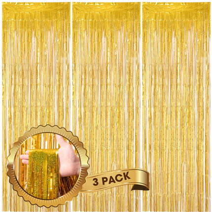 Gold Foil Fringe Backdrop Curtains, 3.3x8.2ft, 3 Pack