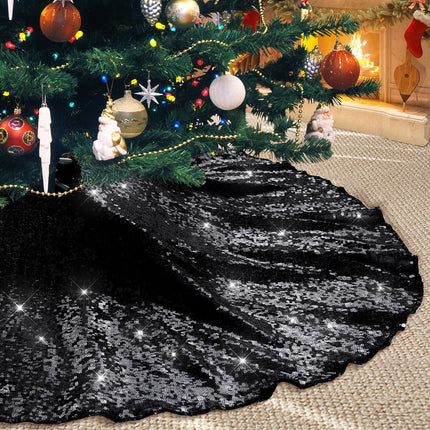 Black Christmas Tree Skirt, 36 Inch Sequin Tree Skirt