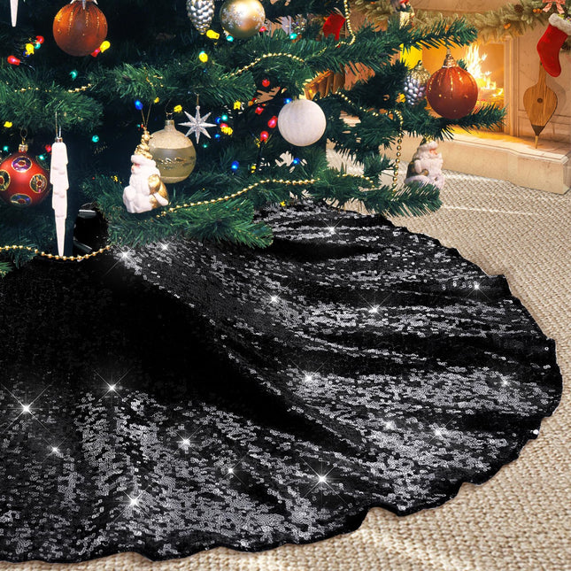 Black Christmas Tree Skirt, 36 Inch Sequin Tree Skirt