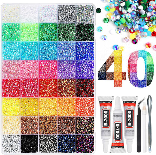 Bedazzling Kit with Resin Rhinestones, 32,000 pcs 40 Colors 3 mm Flatback Jelly Gems Bedazzler Set & B7000 Glue, DIY