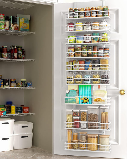 Organizador de despensa blanco de 9 niveles para puerta, organización y almacenamiento de despensa, estantes metálicos colgantes para especias en puerta, esenciales para hogar y cocina, organización para lavandería y baño