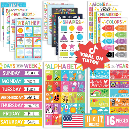 Hadley Designs 16 Educational Posters for Toddlers 1-3 - Learning Poster for Kids Ages 3-5, Alphabet Chart Playroom Homeschool Daycare & Classroom Decor, Kindergarten & Preschool Classroom Must Haves