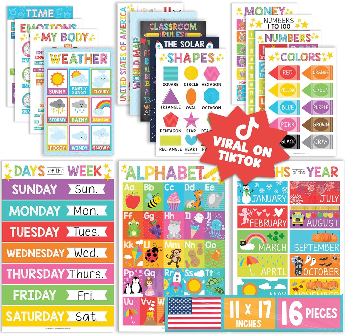16 Laminated Educational Posters for Pre-K, Toddler Homeschool, Preschool, and Kindergarten Classroom Decor