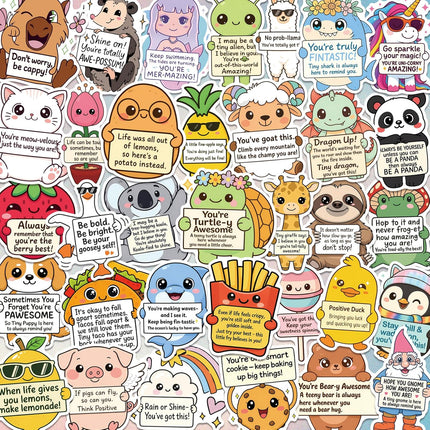 120PCS Positive Affirmation Stickers – Cute Animal & Food Pun Vinyl Decals, Waterproof Funny Motivational Stickers for Water Bottles, Phones, Laptops, Journals, Scrapbooks, No Duplicates (2.8–3 Inch)