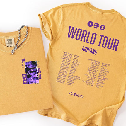 K-Pop World Tour Arirang Graphic T-Shirt – Purple Idol Portrait Tee | Seven Member Collage Front, Full Global Concert Dates Back | Korean Wave Fan Gift