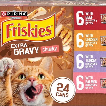 Purina Friskies Extra Gravy Wet Cat Food Chunky 24ct Variety Pack (With Chicken, Turkey, Salmon, Beef) - (Pack of 24) 5.5 oz. Cans