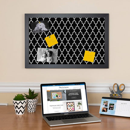 PinPix 24x16 Custom Cork Bulletin Board Quatrefoil Black Poster Board with a Canvas Style Photo Board, Framed in Satin Black (PinPix-116)