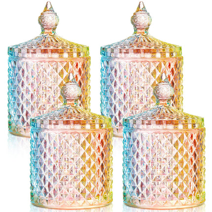 4 Pcs Crystal Glass Candy Jar Set with Lids Home Decorative Storage Jars for Apothecary, Bathroom, Kitchen, and Pantry, Ideal for Cotton Swabs and Jewelry (Medium,Green)