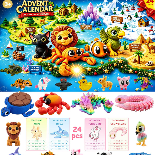 Advent Calendar 2026 for Kids - Countdown Calendar with 24 Days 3D-Printed-Animals Toy Gifts for Kids Boys Girls