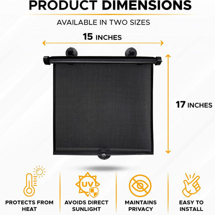 EcoNour Car Window Shades (4 Pack) | Retractable Roller Sunshade for Kids | Baby Window Shades for Offers Impeccable Sun Protection | Curtain Shades for Privacy Blackout | 15"x17"