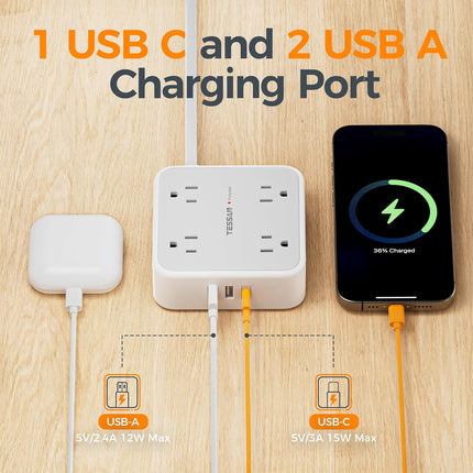 Surge Protector Power Strip, 5 Ft Flat Plug Extension Cord with 3 USB (1 USB C) 8 Outlets, 1250W, 900J Protection, 3 Sided Outlet Extender with Power Switch for Office, Dorm Room Essentials