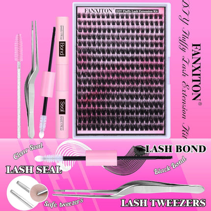 FANXITON DIY Lash Extension Kit Full Lash Clusters 288 pcs Thick Lash Clusters Kit D 10-18 mm Cluster Eyelash Extension Kit with Lash Bond and Seal Lash Tweezers Individual Lashes For Beginners