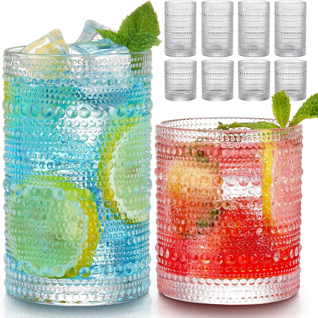 Set de 8 vasos vintage hobnail, set de vasos highball de 12 oz y vasos de cóctel de 10 oz, vasos de agua para cocina, set de vasos tumbler para bar para cerveza, jugo, cóctel, whiskey y leche
