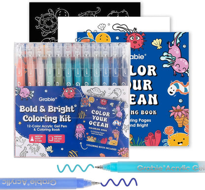 Acrylic Gel Pens Coloring Kit with Coloring Book, 12 Ocean Colors