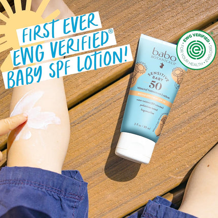 Babo Botanicals Sensitive Baby Mineral Sunscreen Lotion SPF50 - Natural Zinc Oxide - Face & Body - Fragrance-Free - Water-Resistant - EWG Verified - Vegan - Extra Sensitive Skin - For Babies & Kids