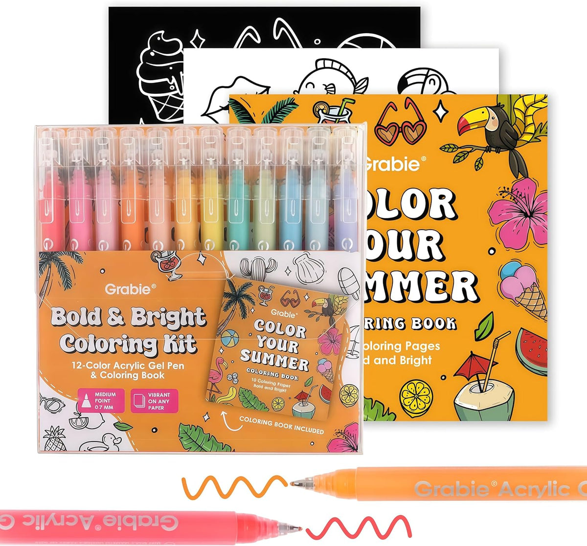 Acrylic Gel Pens Coloring Kit with Coloring Book, 12 Summer Colors