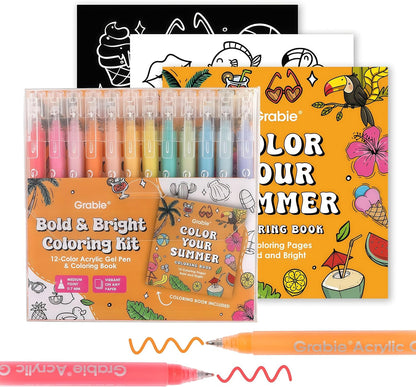 Acrylic Gel Pens Coloring Kit with Coloring Book, 12 Summer Colors