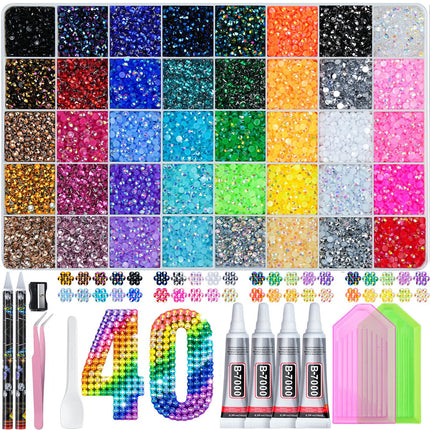 Kit Bedazzling de 50000Pcs con rhinestones de 3mm, kit Bedazzler de 40 colores, rhinestones de resina, gemas para uñas y suministros de arte con glitter, accesorios para kits de arte con diamantes con lápiz de recogida, 4pcs de pegamento B7000 de 10ml